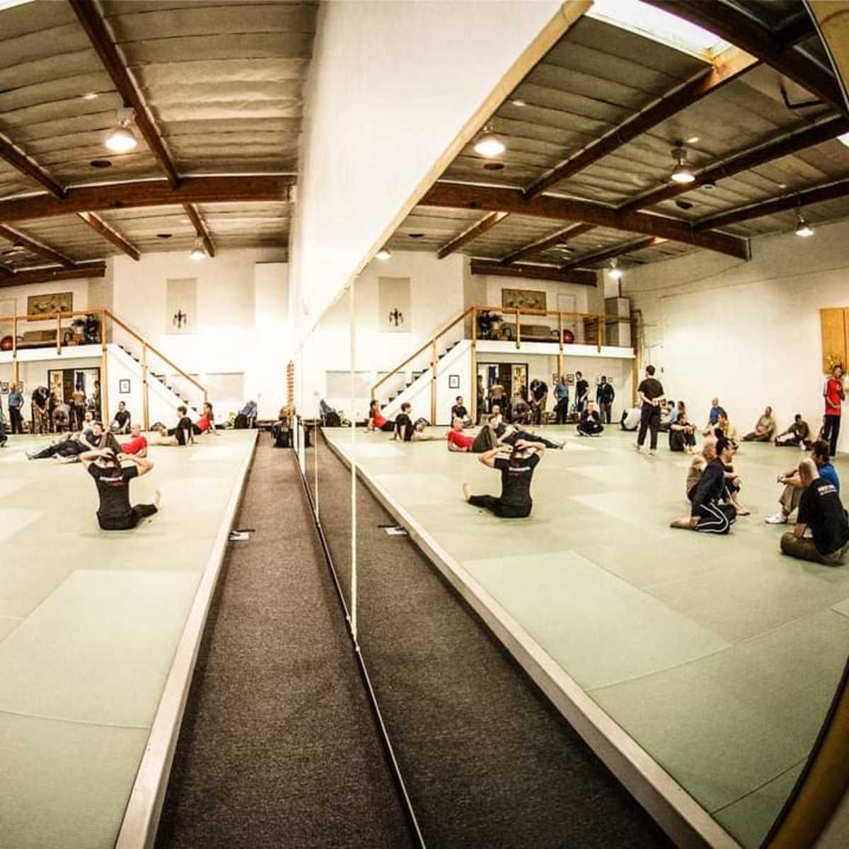 A martial arts training facility with multiple practitioners engaged in various training exercises on green mats, reflected in large wall mirrors.