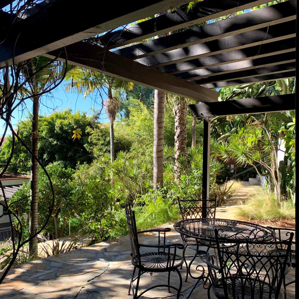 A shaded patio area with wrought iron furniture overlooks a lush garden surrounded by palm trees and greenery.