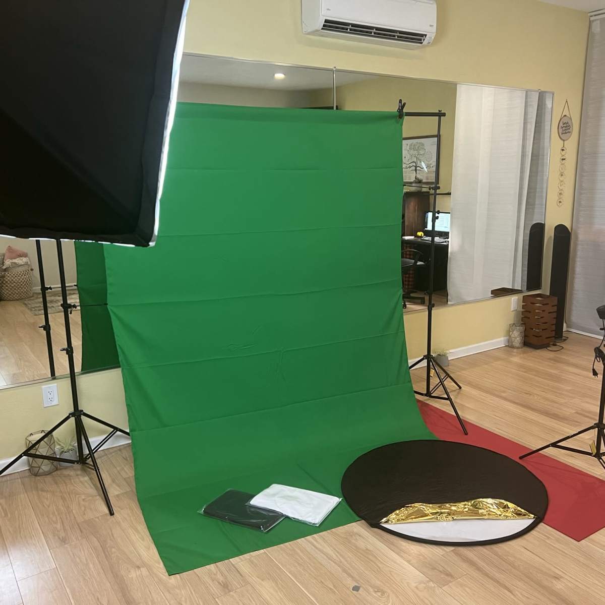 A photography setup with a green backdrop, lighting equipment, and a circular reflector positioned on the floor.