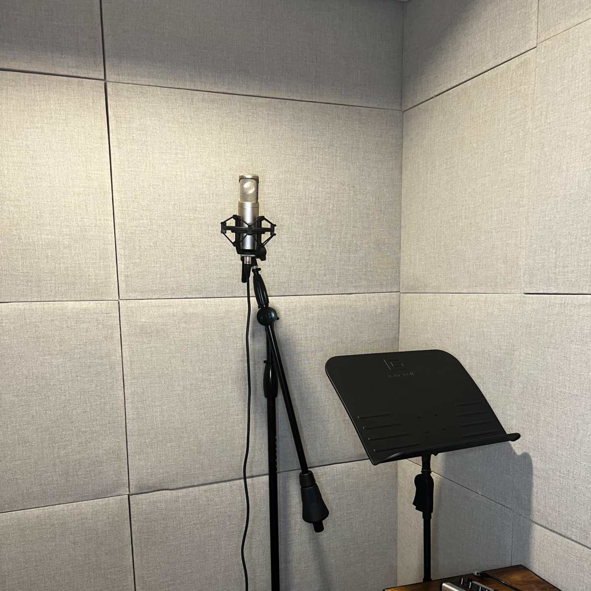 A microphone on a stand next to a music stand in a room with textured gray walls.