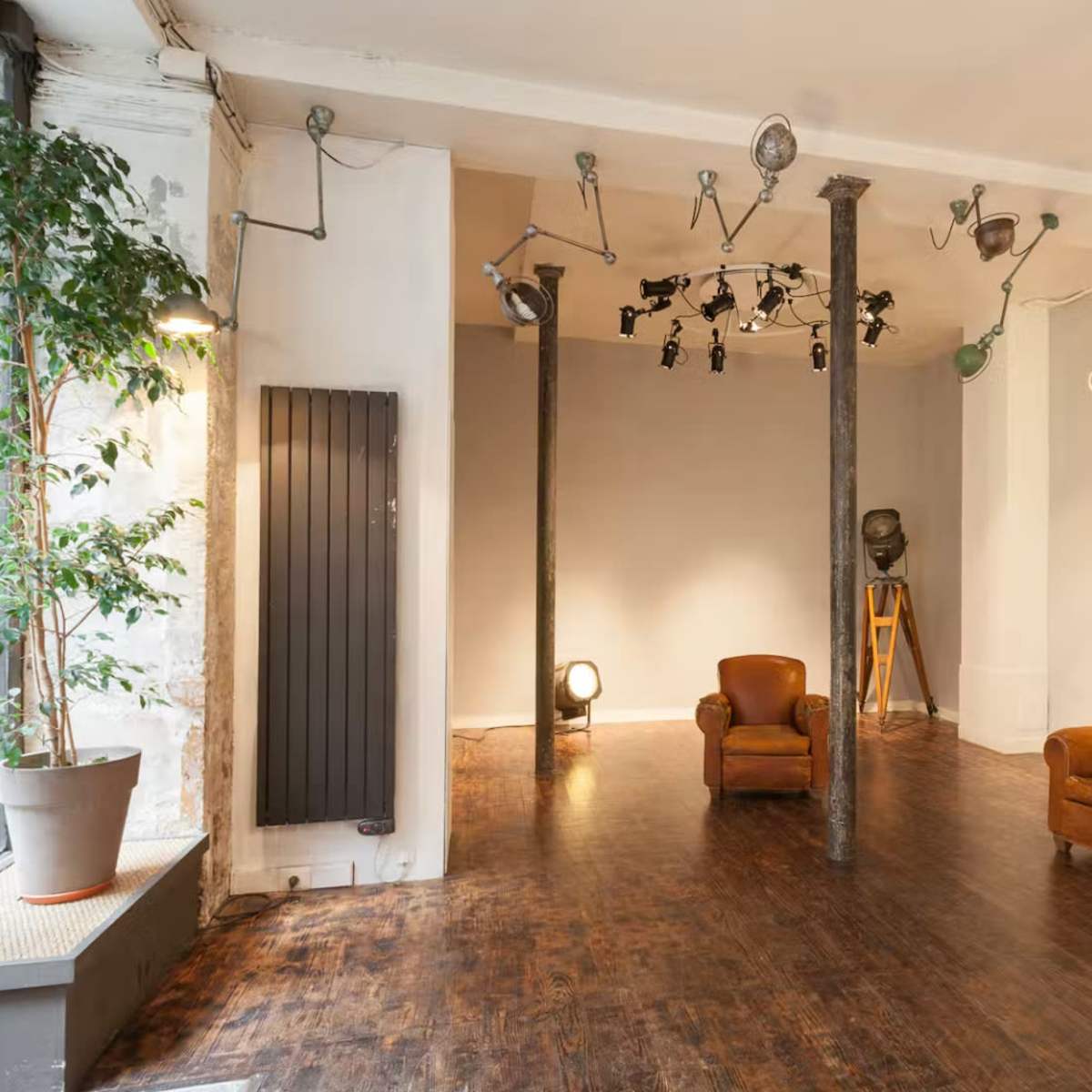A spacious interior with two brown armchairs, a potted plant near the window, and various light fixtures mounted on the walls and ceiling.