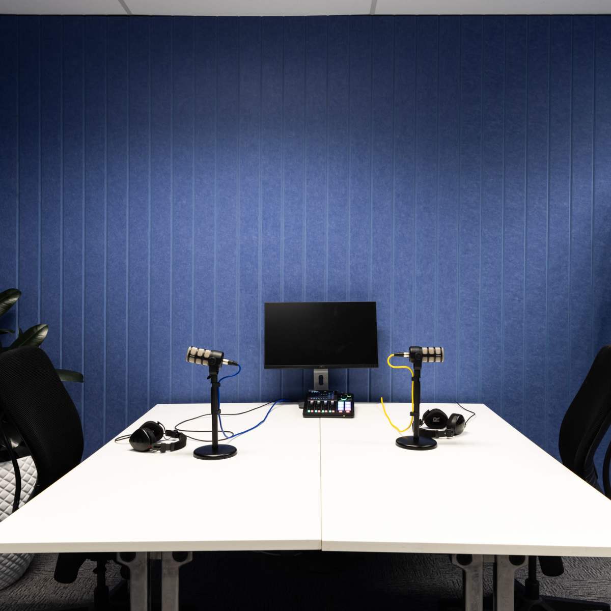 A podcast recording setup features two microphone stands, headphones, and a monitor on a white table in a room with blue textured walls and a plant.