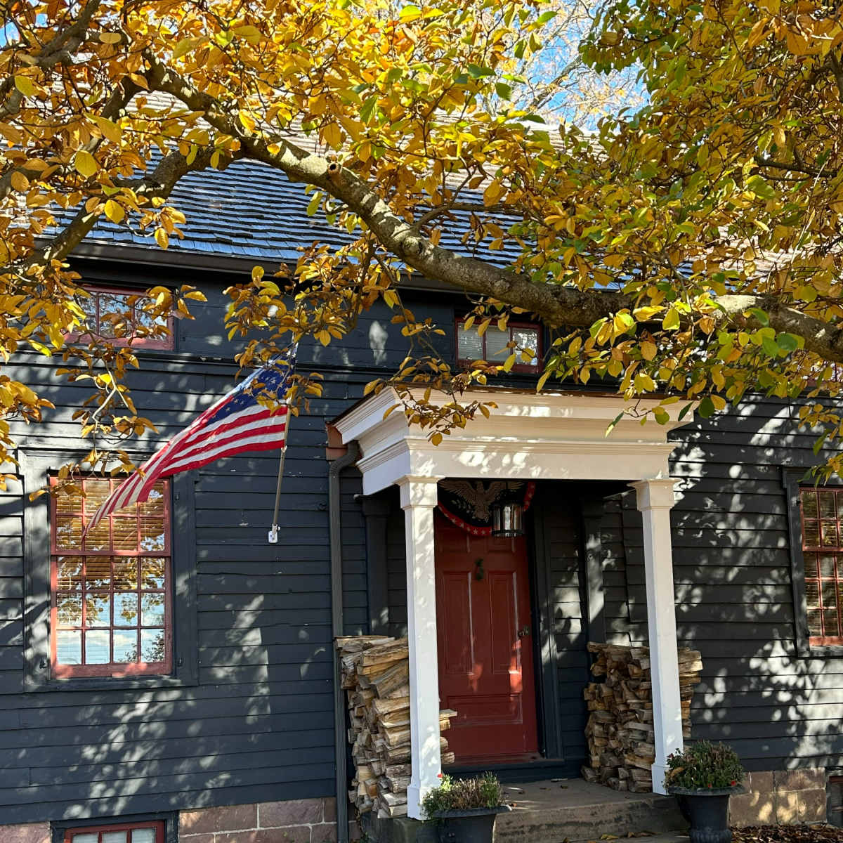 A black wooden house with a red door and an American flag hanging from a tree nearby is surrounded by autumn leaves.