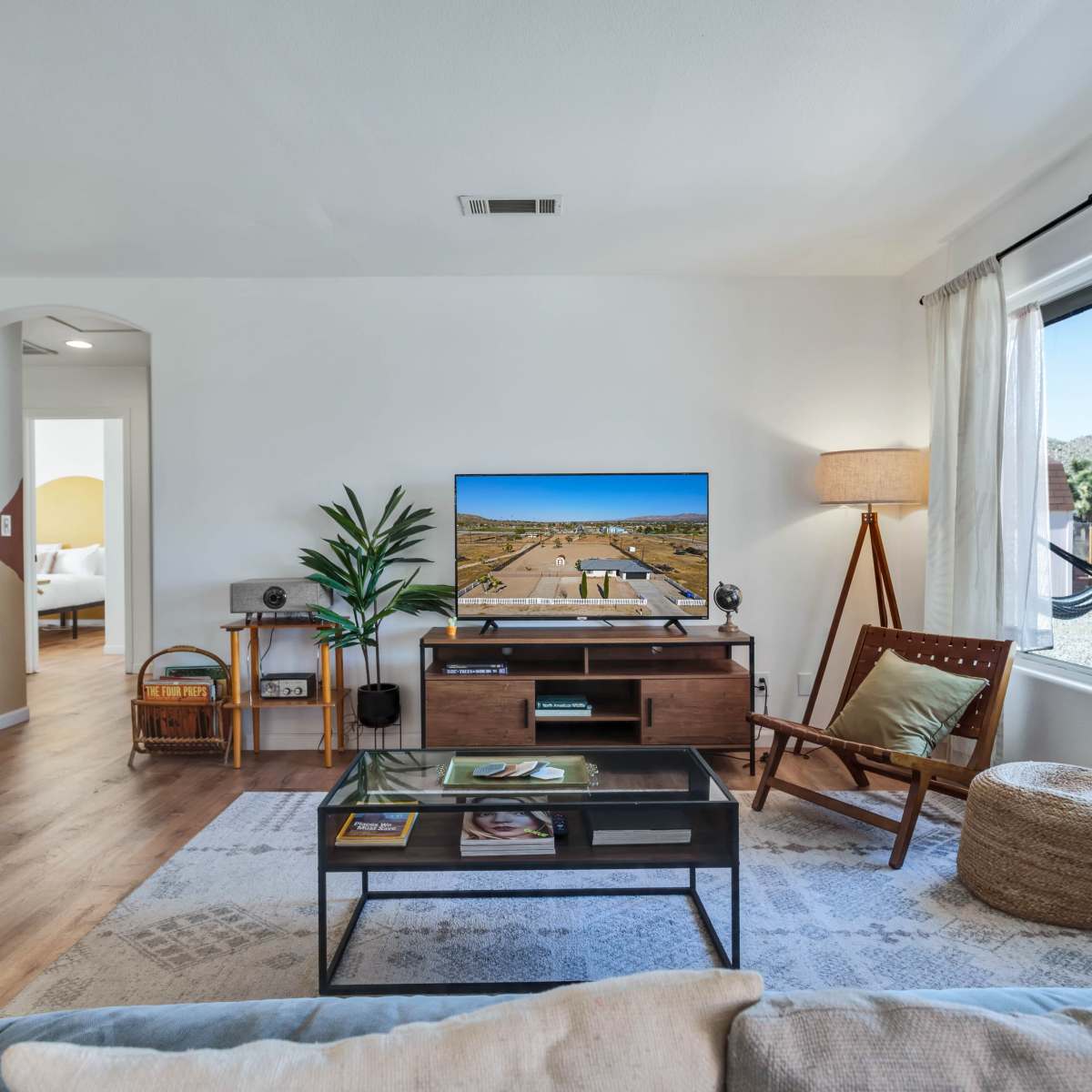 A modern living room features a television on a wooden stand, a plant by the window, and a chair beside a floor lamp, with a colorful mural on the wall and a view of the outdoors.