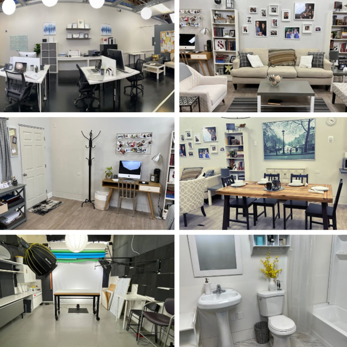 A collage of various interior spaces, including offices, living areas, kitchens, and utility rooms, showcasing different layouts and furnishings.