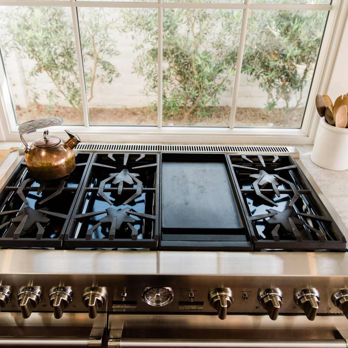 A modern kitchen stove with a visible gas burner and griddle, set on a countertop near a window with green plants outside.