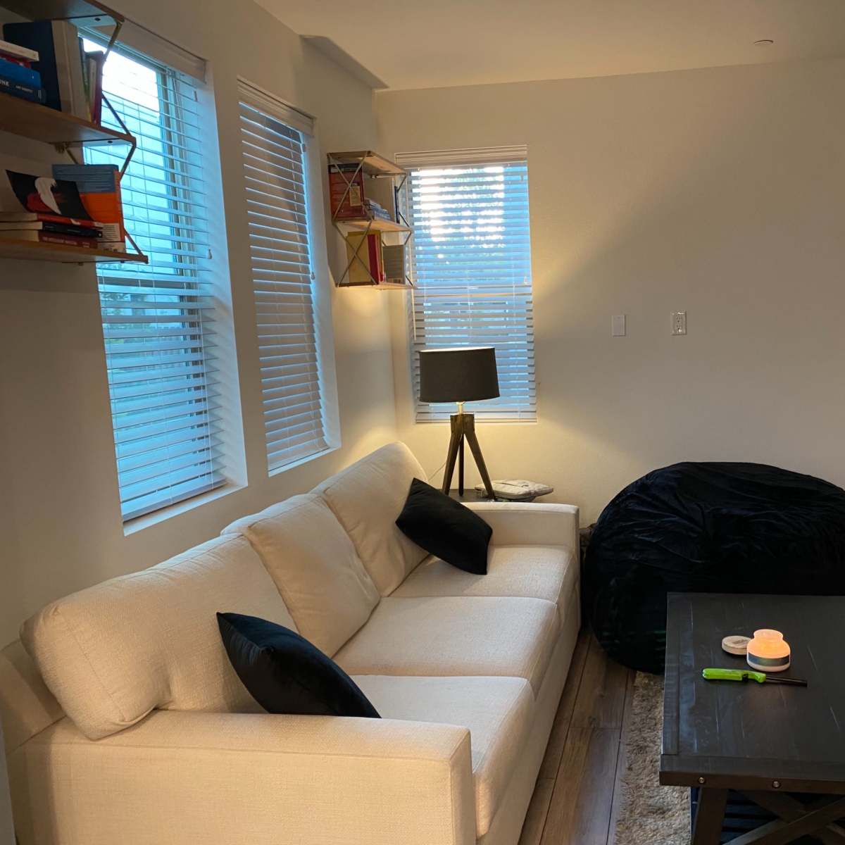 A modern living room with a white sofa, a black bean bag chair, a wooden coffee table, and large windows with blinds.