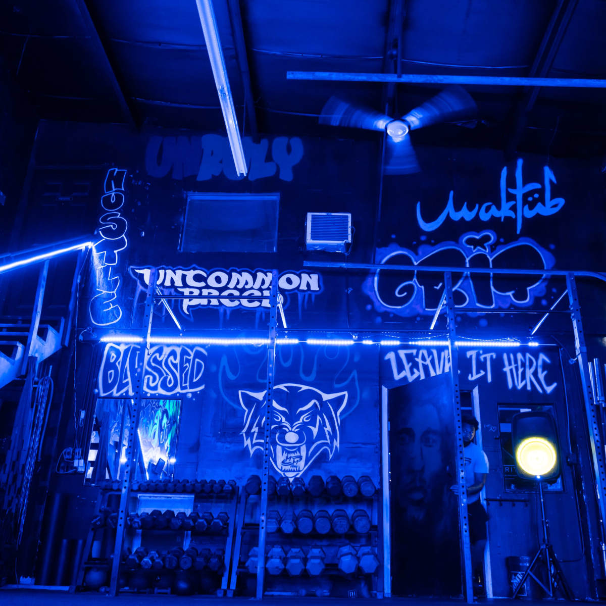 A dimly lit gym features blue neon lighting, graffiti-covered walls, and rows of dumbbells arranged on a rack.
