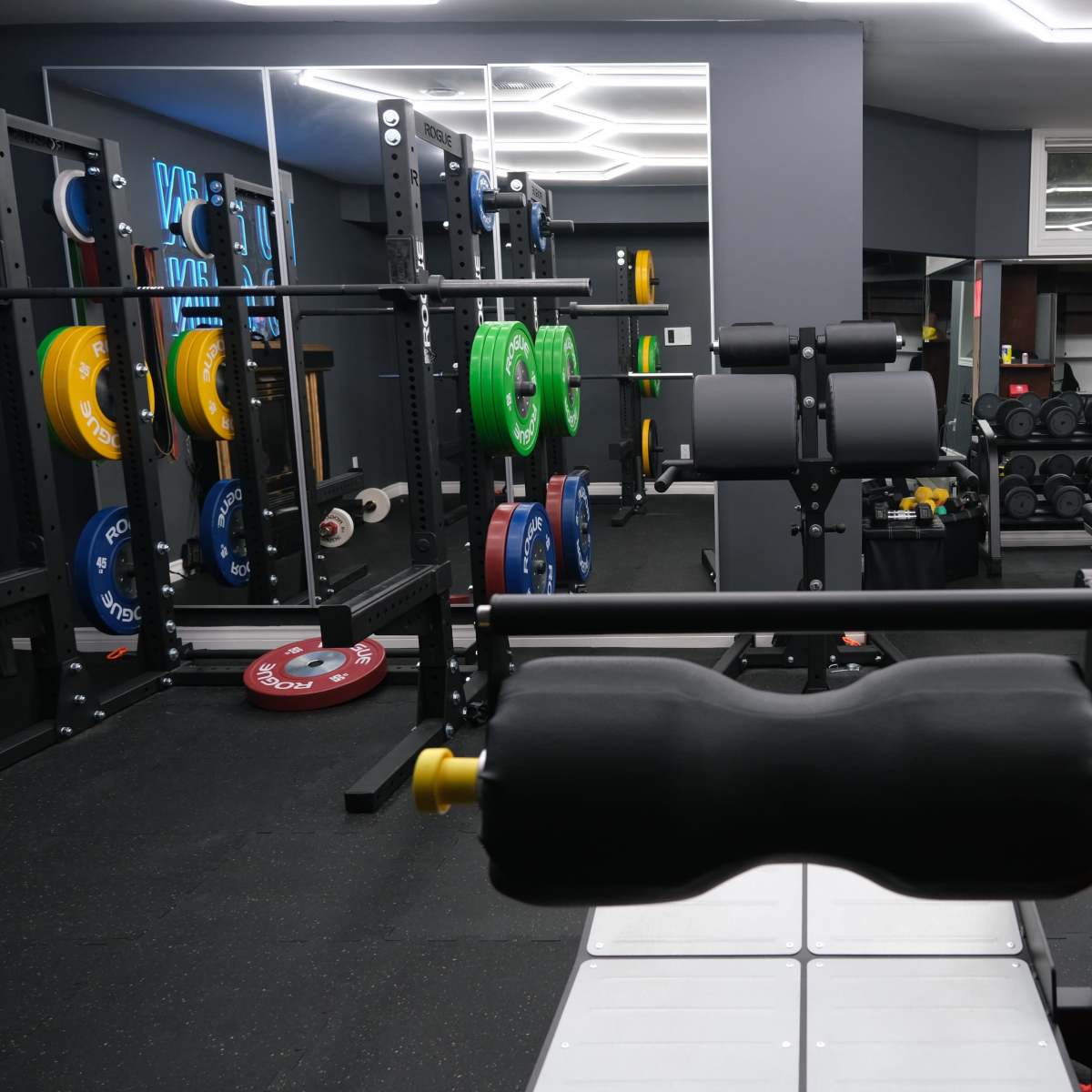 A well-equipped modern gym with various weightlifting equipment, including barbells, dumbbells, and benches, arranged in a spacious setting.