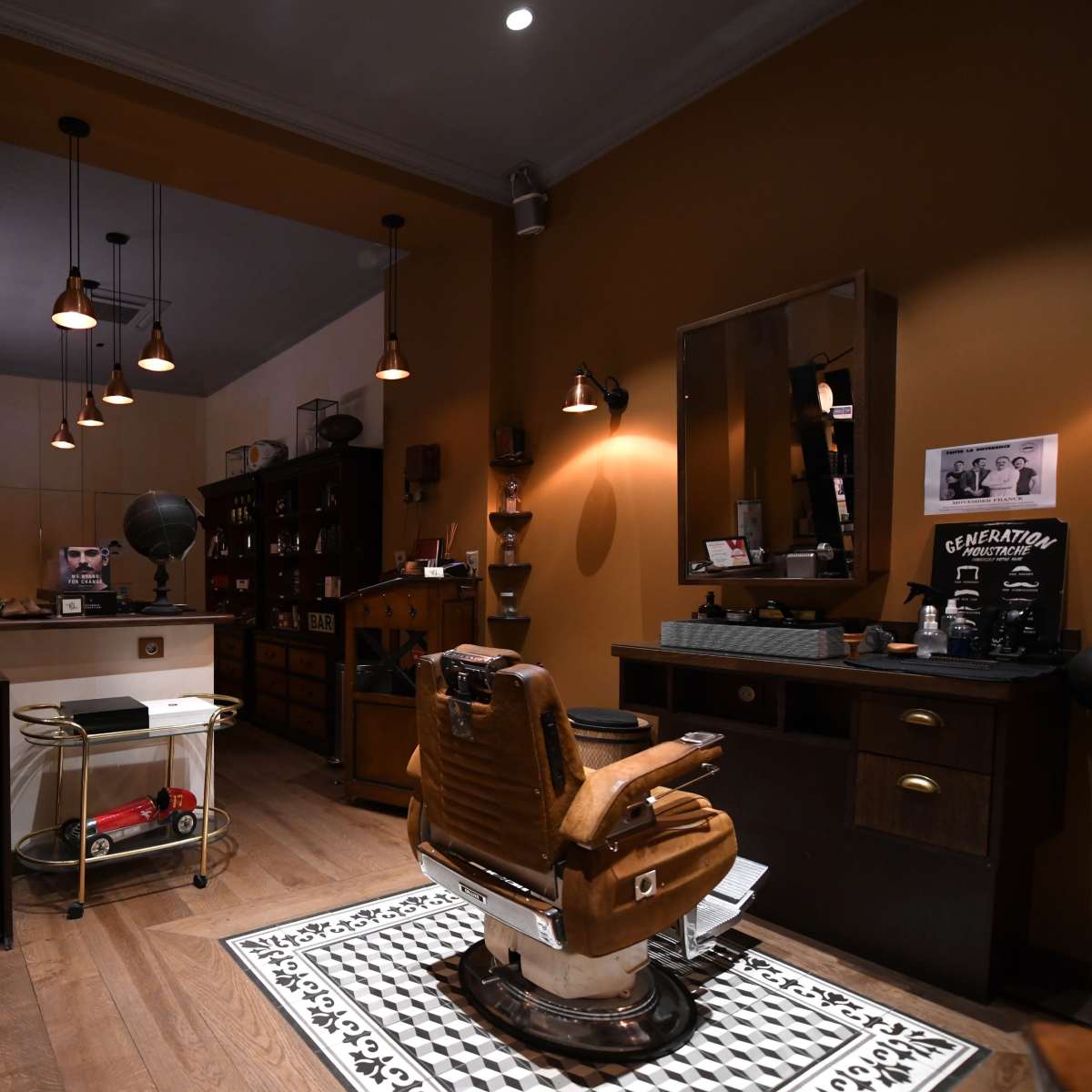 A stylish barber shop interior with a vintage barber chair, wooden shelves displaying grooming products, and warm lighting.
