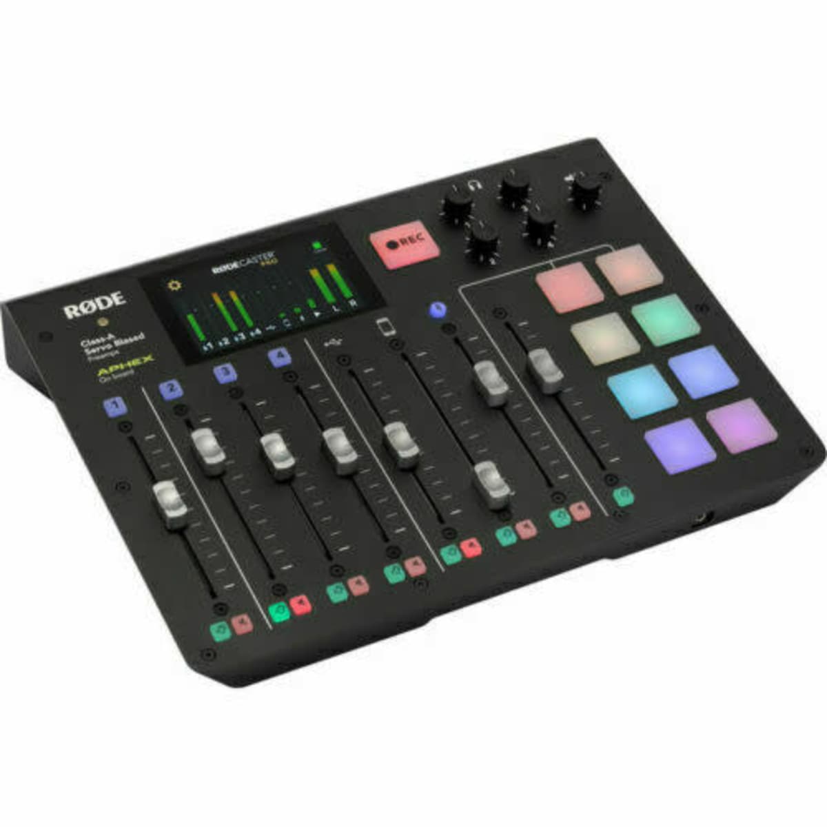 A Rode audio mixing console with multiple sliders, colorful pads, and control knobs.