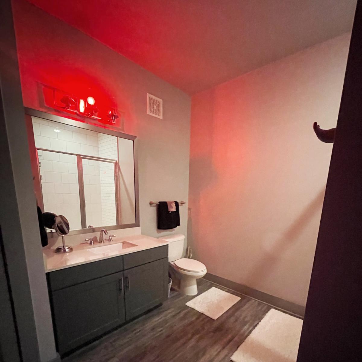 The bathroom features a sink with a mirror, a toilet, and a small rug, illuminated by a red light.