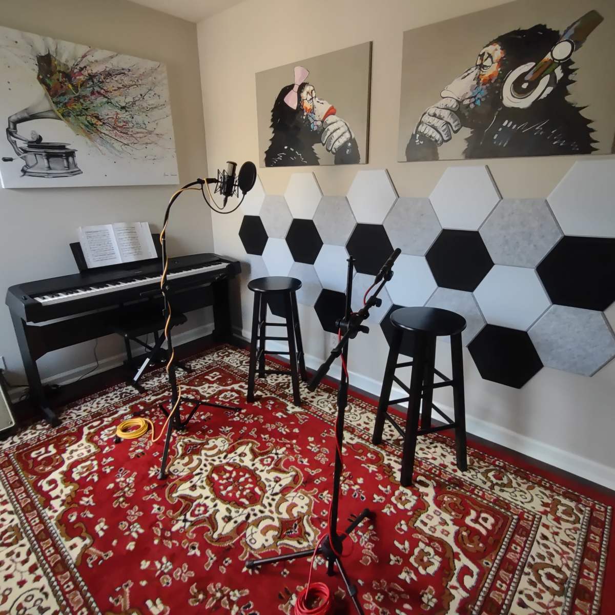 The room features a piano, two stools, a microphone setup, and hexagonal acoustic panels on the wall, with colorful artwork of animals nearby.