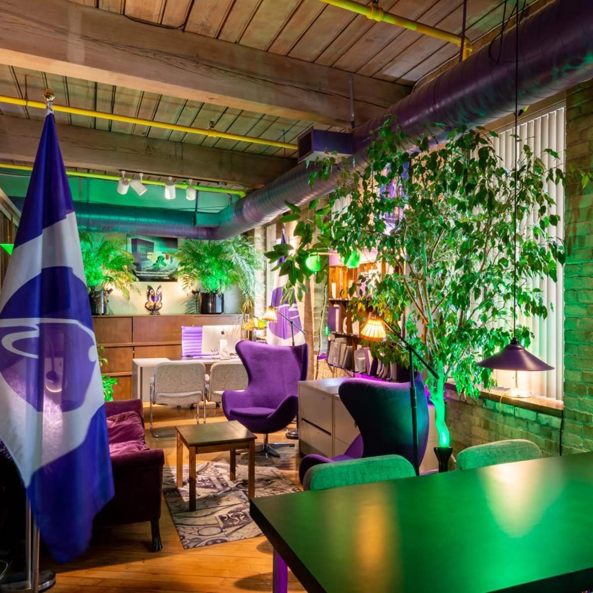 A modern lounge area featuring a mix of purple seating, greenery, and a wall adorned with framed portraits and a flag in the corner.