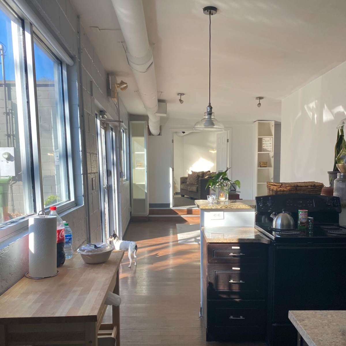 A narrow kitchen features a long countertop, wooden table, and large windows providing natural light, with a living area visible at the end of the hallway.