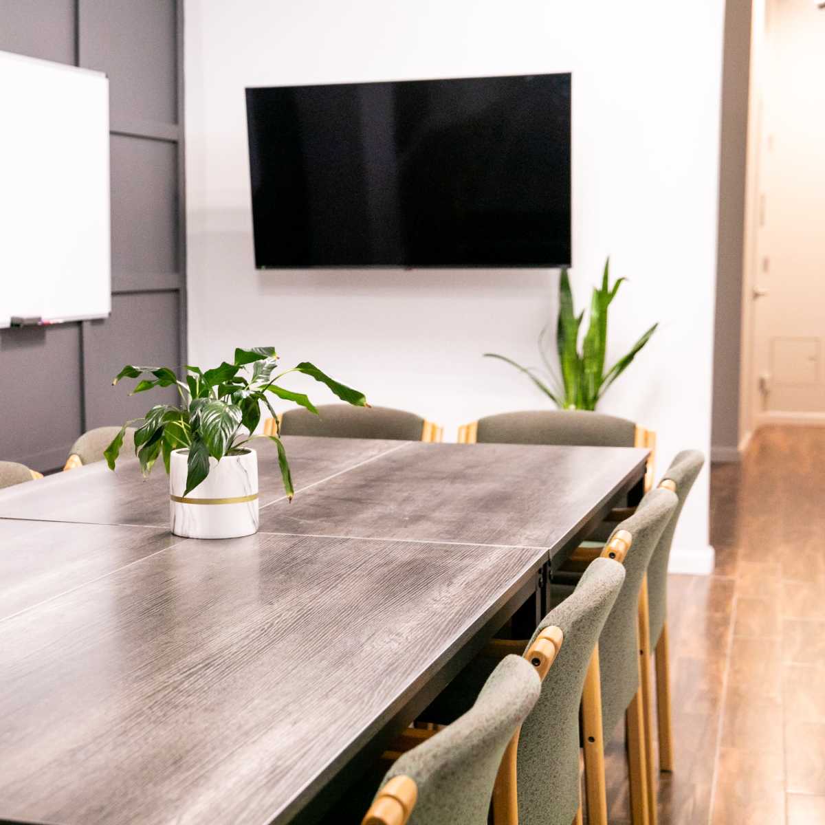 A large wooden conference table with eight chairs surrounds it, and a potted plant sits in the center, while a television and a whiteboard are mounted on the walls of the bright meeting room.