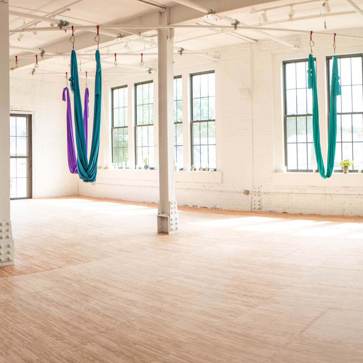 A spacious indoor facility features large windows, bamboo flooring, and suspended fabric for aerial work.