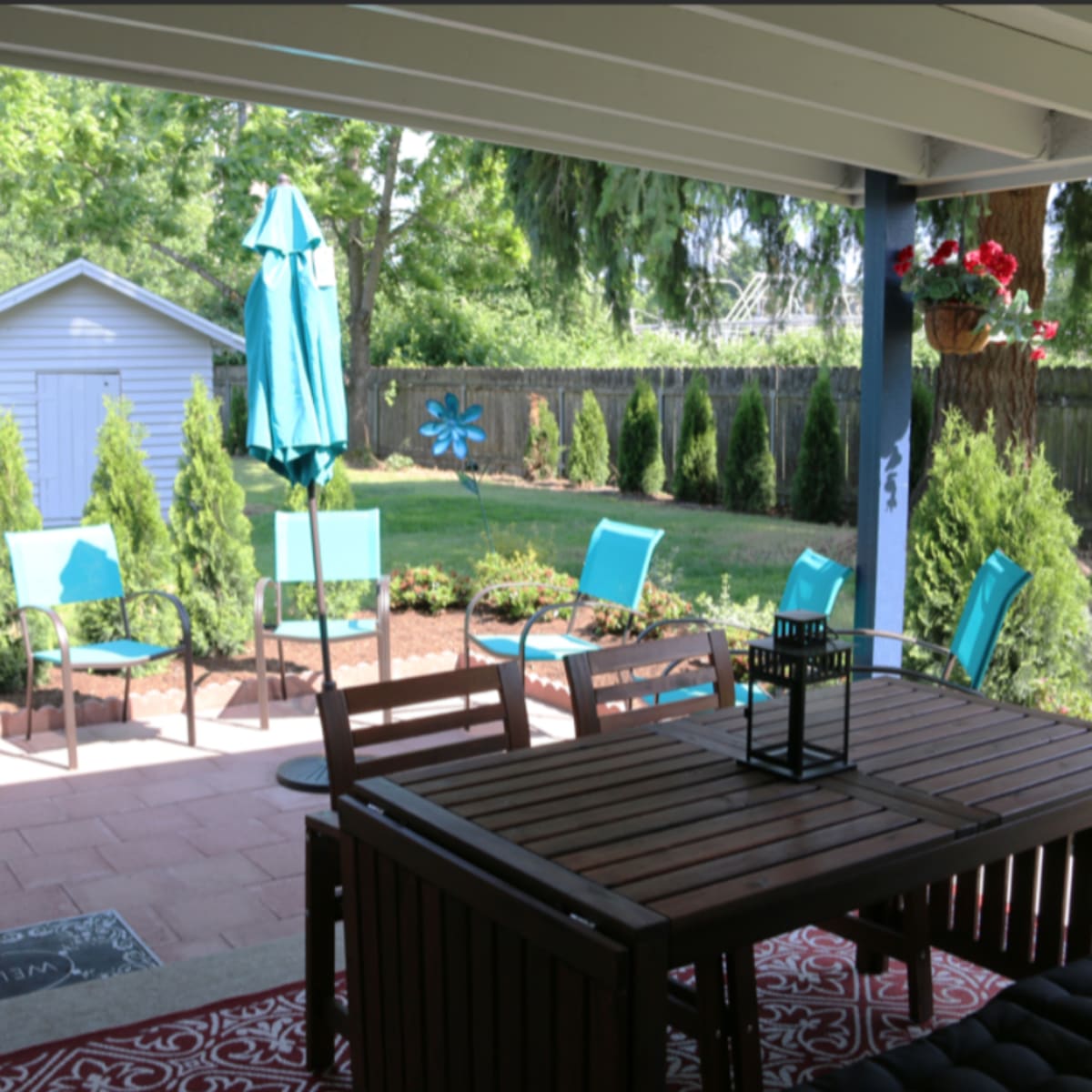 A cozy outdoor patio area features a wooden table and chairs, surrounded by neatly arranged greenery and a blue shed in the background.