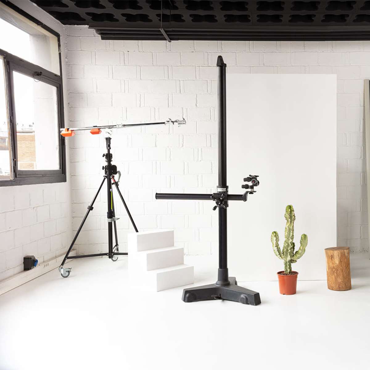 A bright, spacious studio with a white backdrop, a cactus in a pot, a wooden stool, a camera setup, and colorful vertical panels.