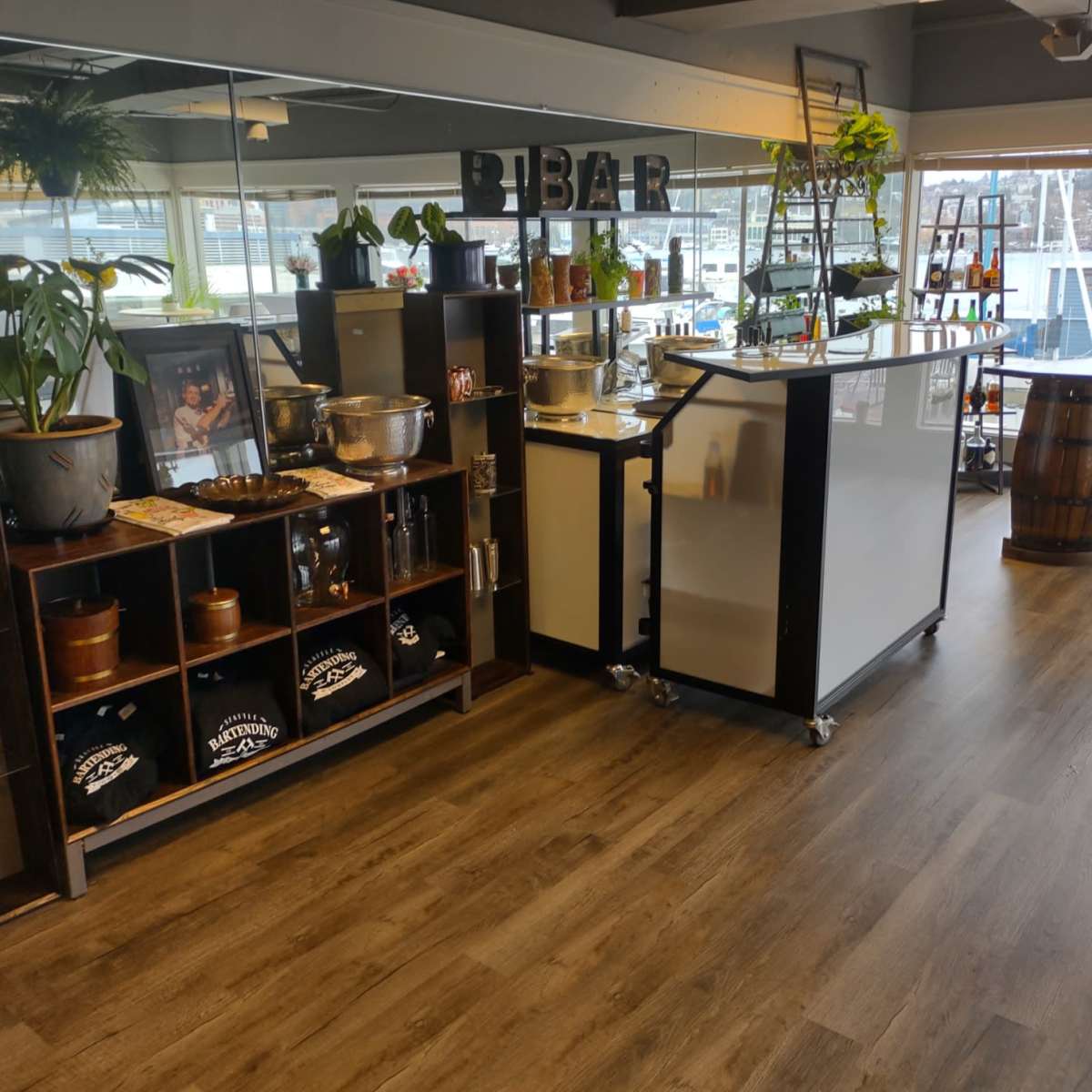 A well-organized bar area in a modern setting, featuring a counter, shelving with glassware, and decorative plants along with a view of a waterfront.