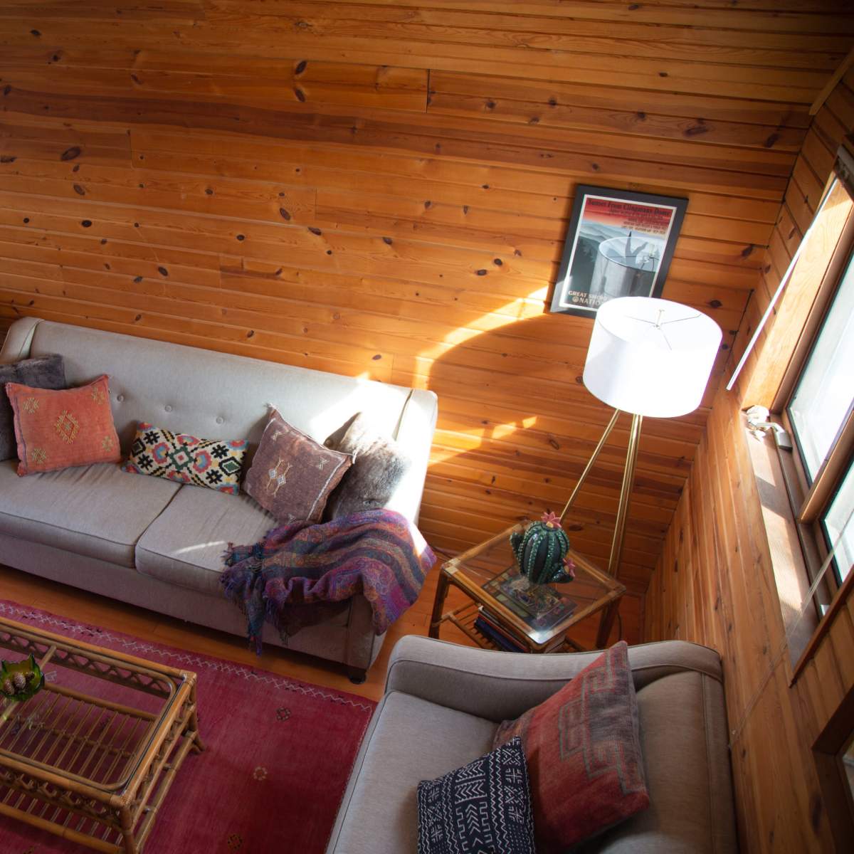 A cozy room with wooden walls, featuring two sofas, a coffee table, a floor lamp, and decorative plants.