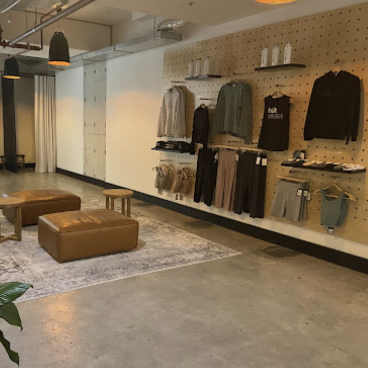A minimalist retail space featuring a wall of clothing hung on pegs, two leather stools on a rug, and a plant in the foreground.