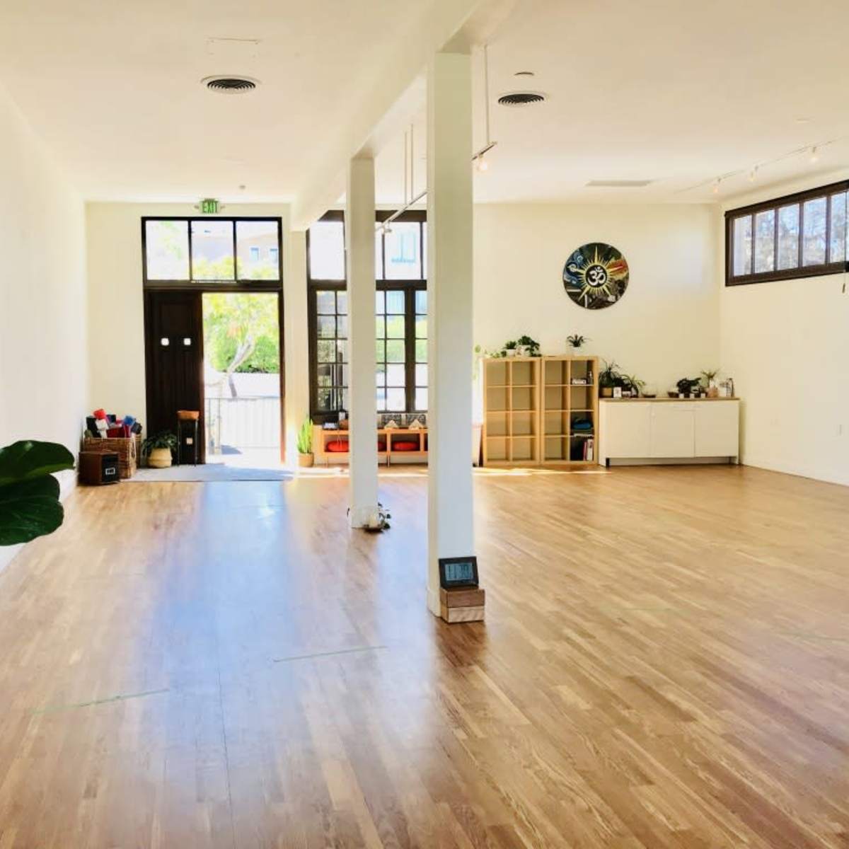 A spacious, empty room with wooden floors, large windows, and minimal furniture, including a bookshelf and plants.