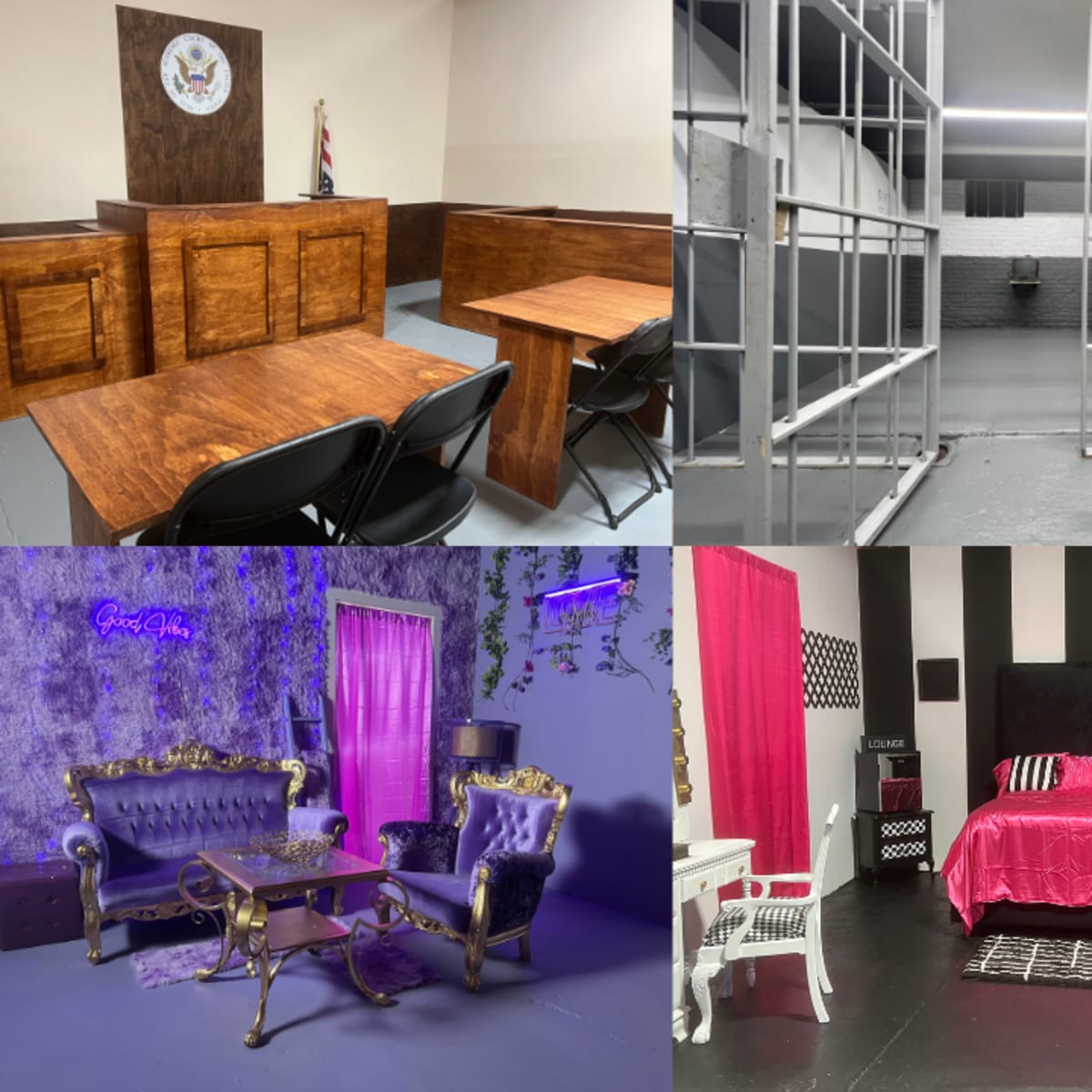 A series of six distinct rooms, including a courtroom, a jail cell, a classroom, a lounge area, a bedroom, and a hallway with neon lighting.