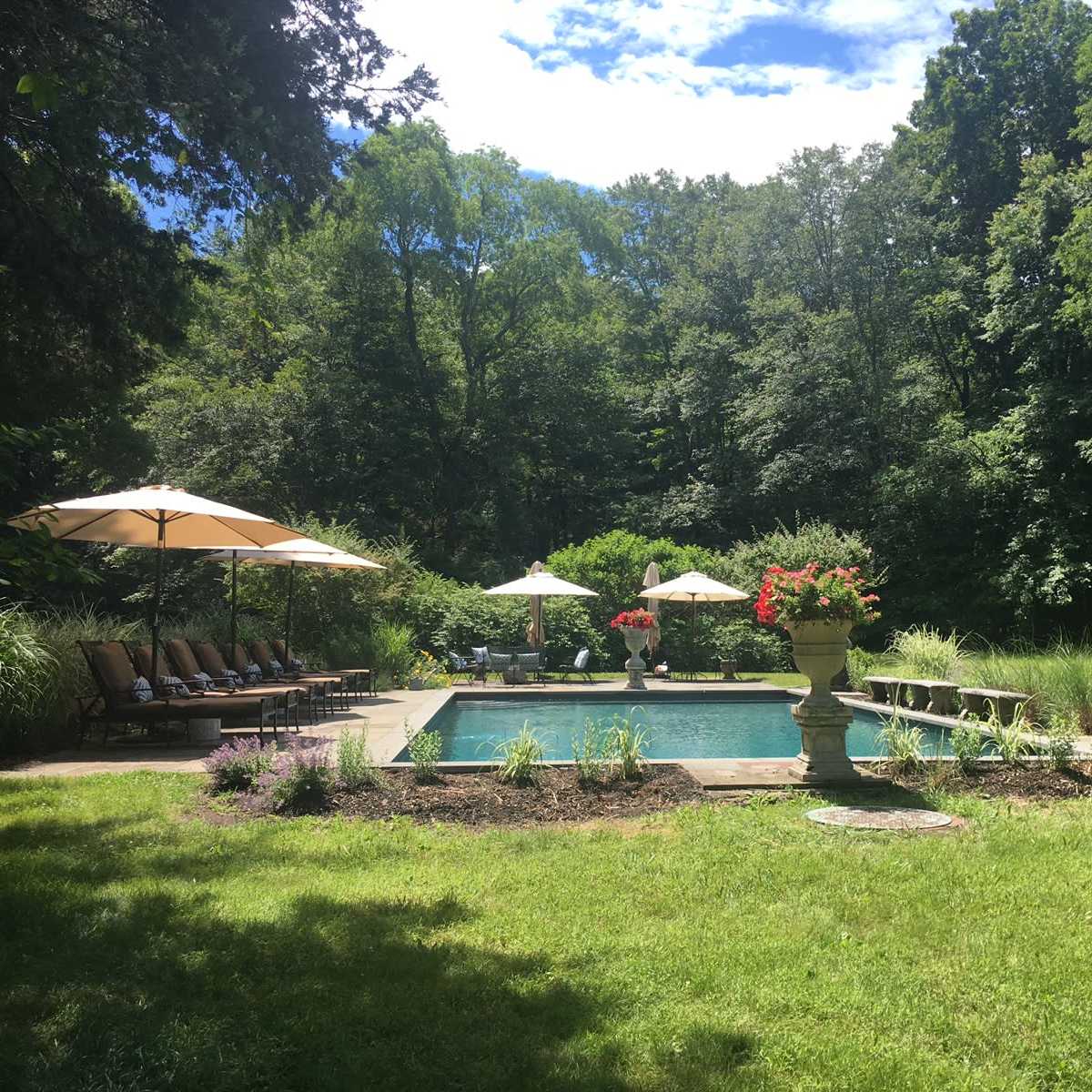 A well-maintained pool area surrounded by lounge chairs, umbrellas, and landscaped greenery.