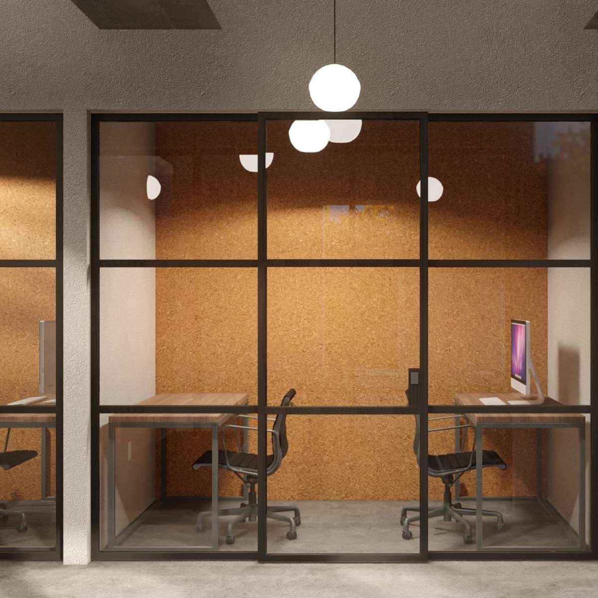 A modern office space with glass-walled rooms featuring cork walls, wooden desks, and ergonomic chairs.