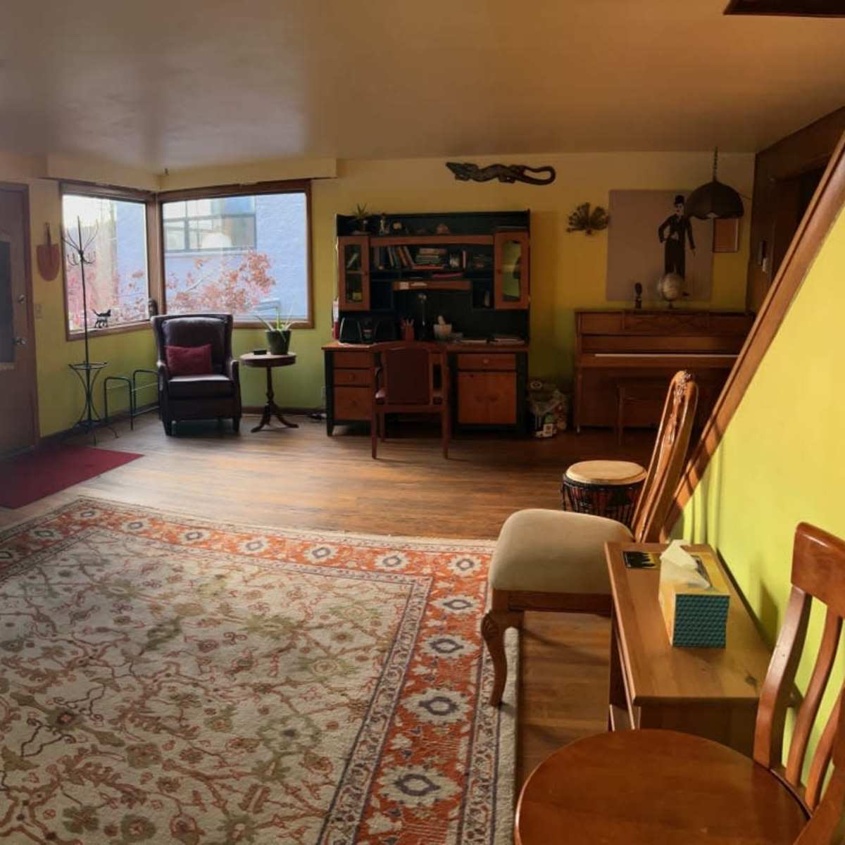 The room features a seating area with a large rug, a window with natural light, a plant, and wooden furniture.