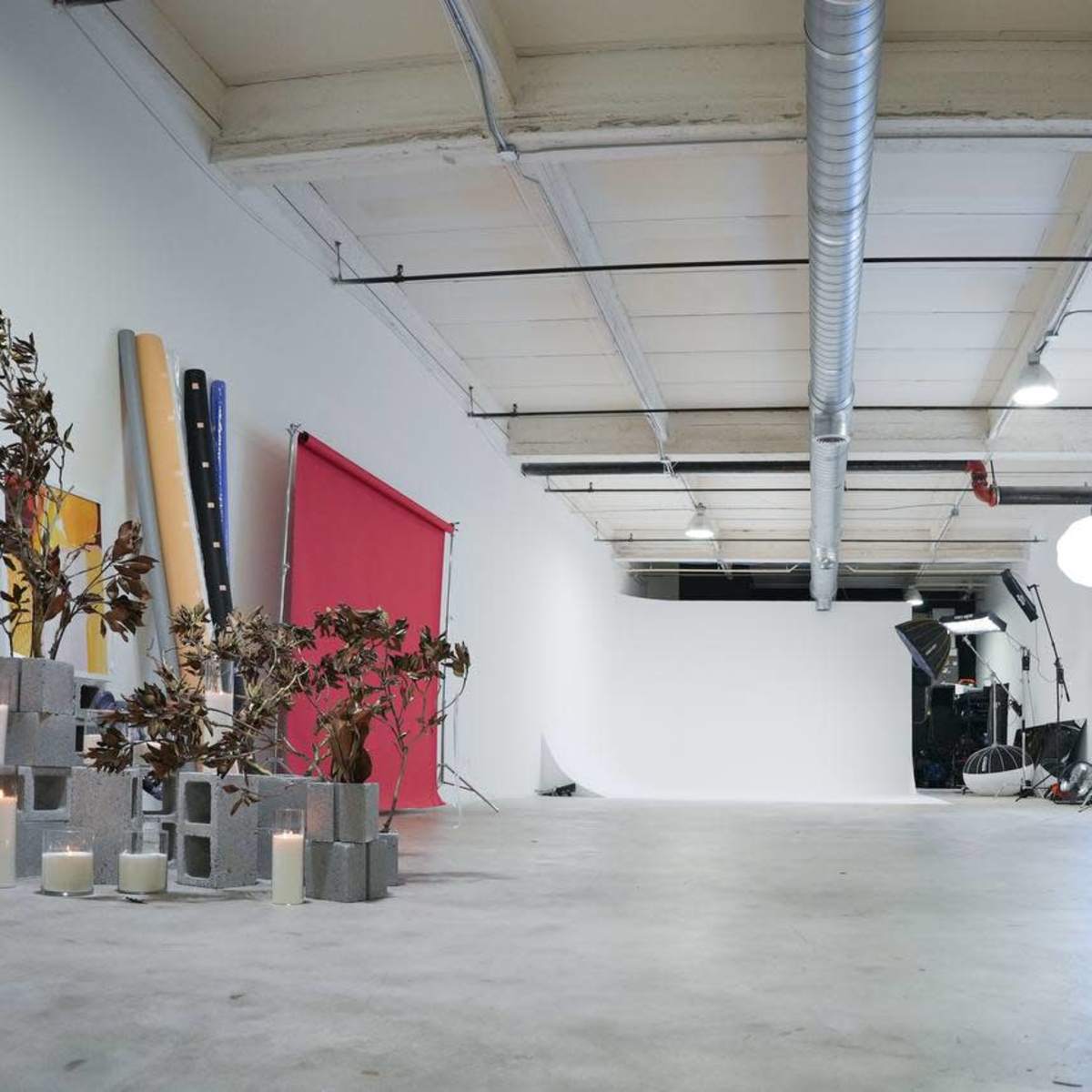 A spacious studio with a red backdrop, various equipment, and decorative plants arranged on one side.