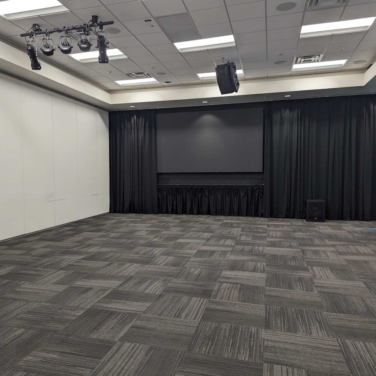 A large, empty conference room with a screen at one end, black curtains, and patterned carpet tiles.