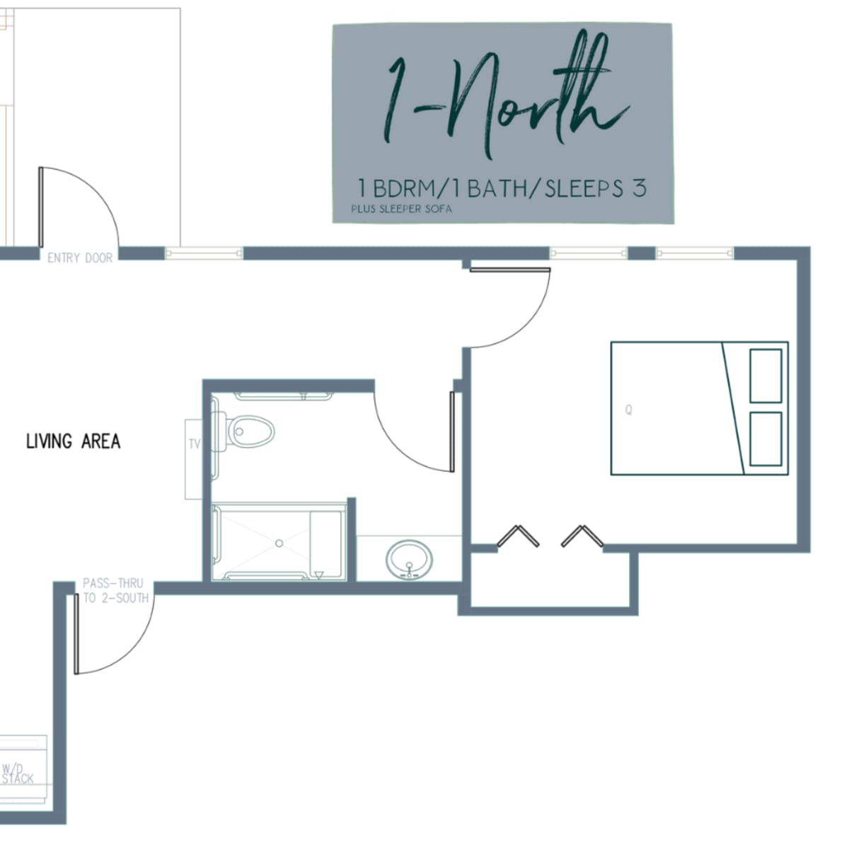 A floor plan labeled "1-North," showing a one-bedroom unit with a bathroom, kitchen, dining area, living area, and a private patio.