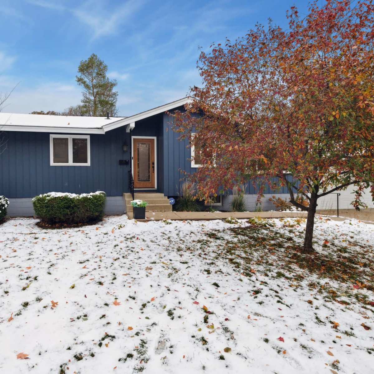 A blue house with a front door, surrounded by snow and a tree with red leaves.