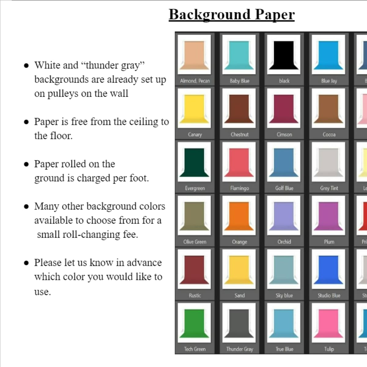 A selection of background paper colors arranged in a grid format, with each color sample labeled.