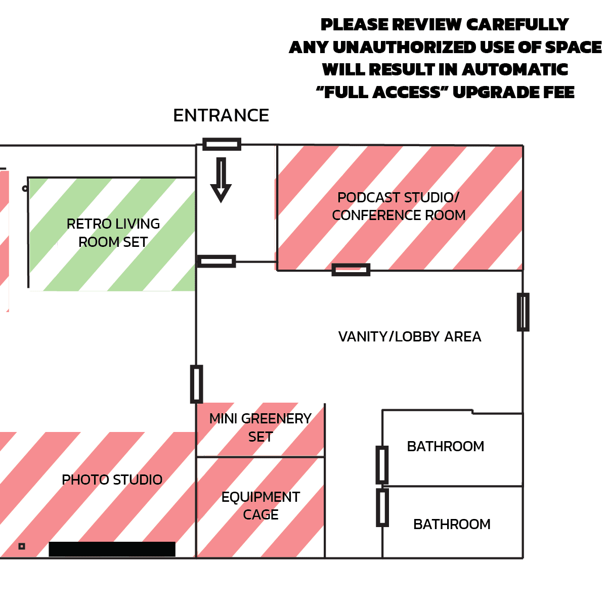 A floor plan of a rental space with designated areas marked for different functions, including a podcast studio, photo studio, and various other sections, with notes indicating what is included or not included with the rental.