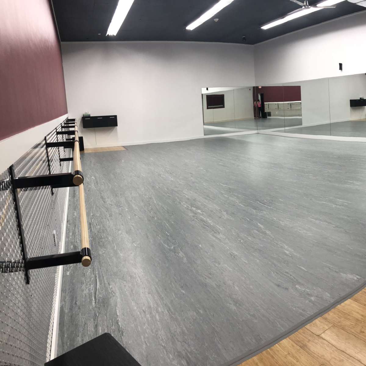 A spacious dance studio with mirrored walls, wooden flooring, and ballet bars along one side.