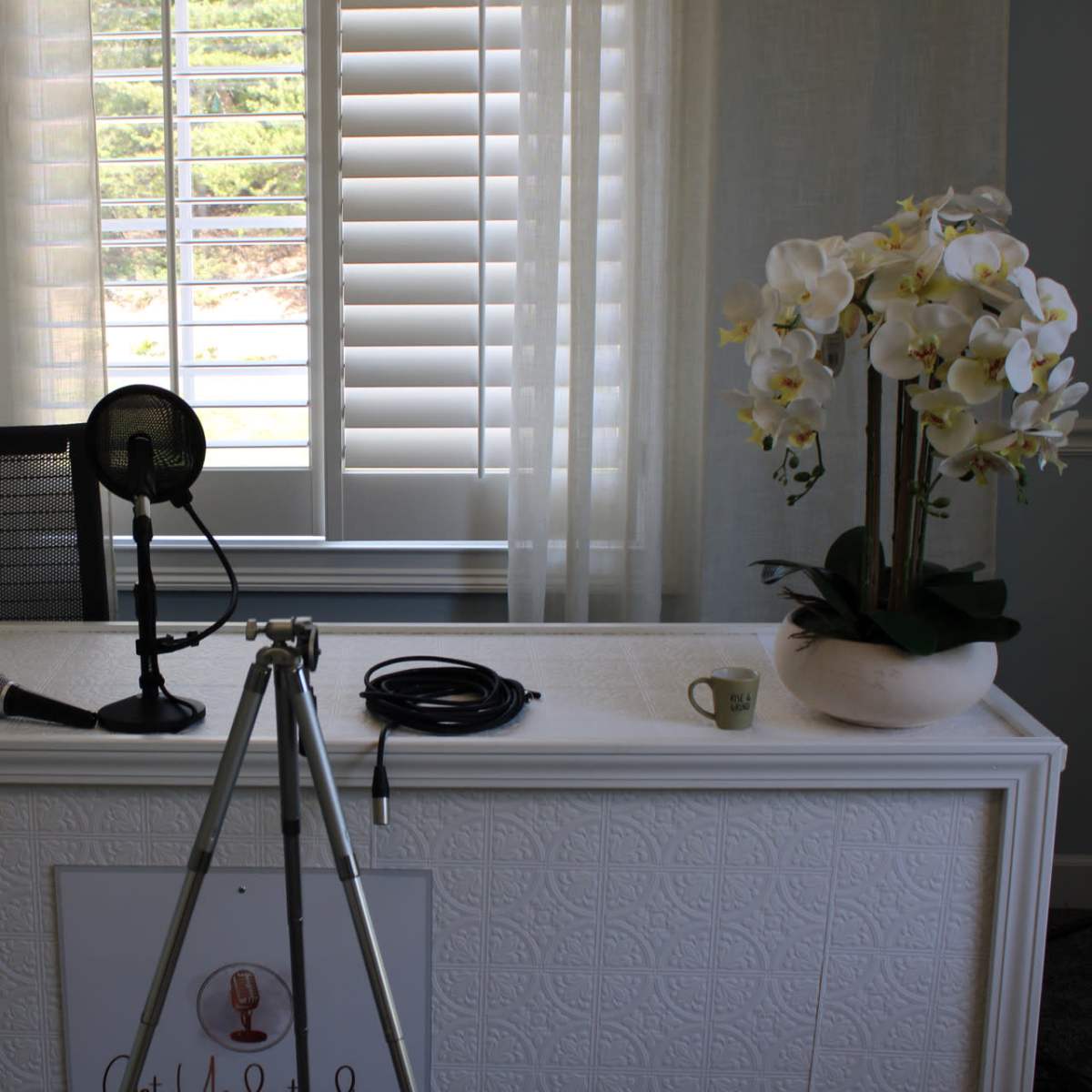 A simple office setup features a desk with a microphone, a tripod, and a potted orchid, positioned near a window with white blinds.
