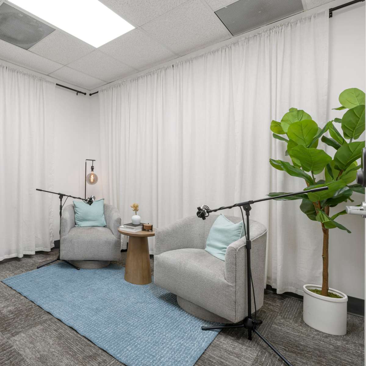 A small, modern conversation area with two gray armchairs, a round wooden table, a plant, and sound equipment positioned around a blue rug.