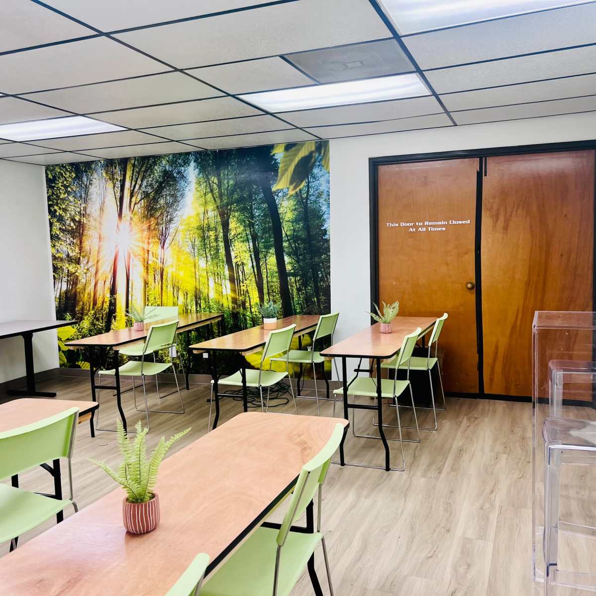 A classroom with multiple tables and chairs, a large nature-themed mural on one wall, and a closed wooden door labeled "The Room for Research Classes."