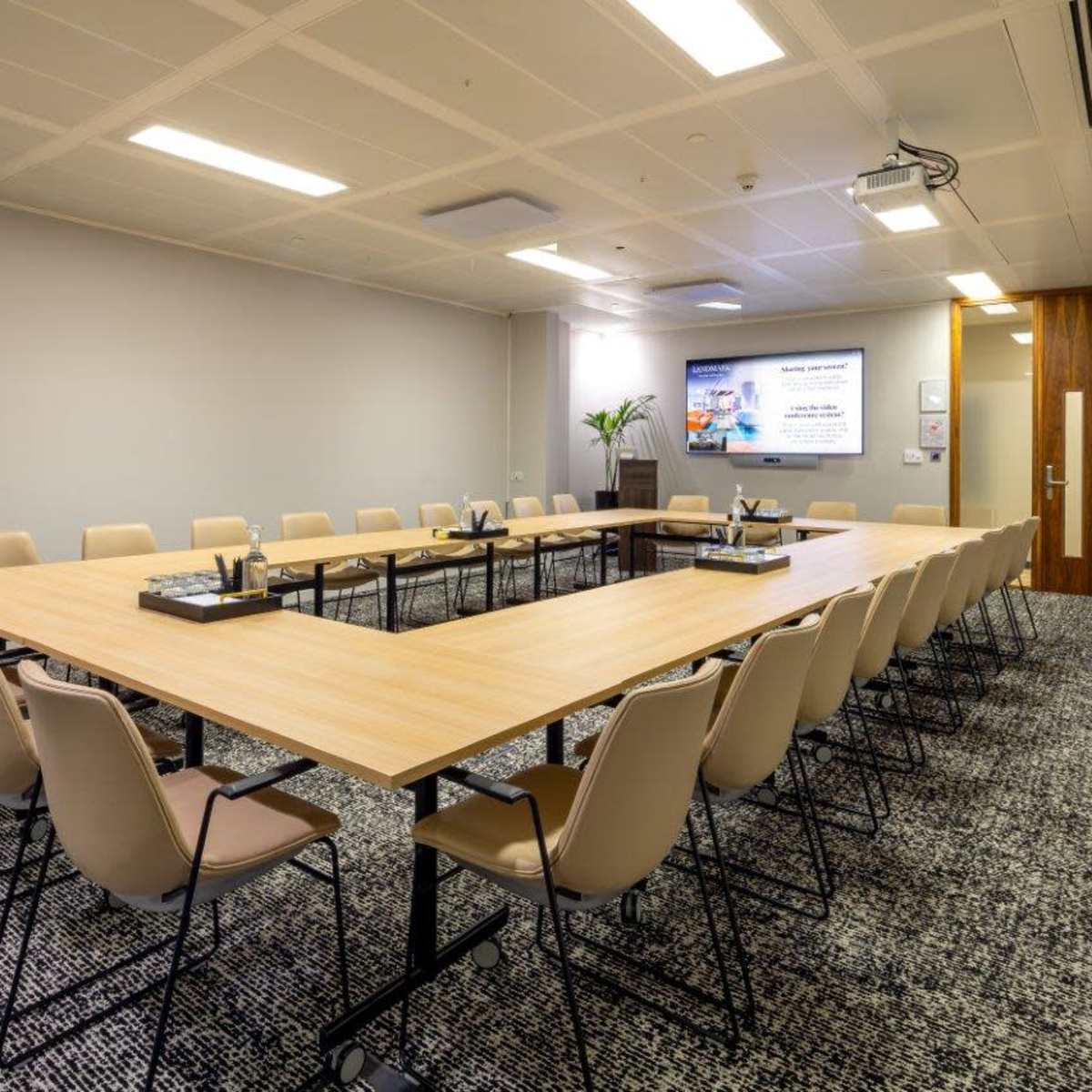 A rectangular conference room setup with a long table surrounded by chairs, a presentation screen at the front, and a plant in the corner.