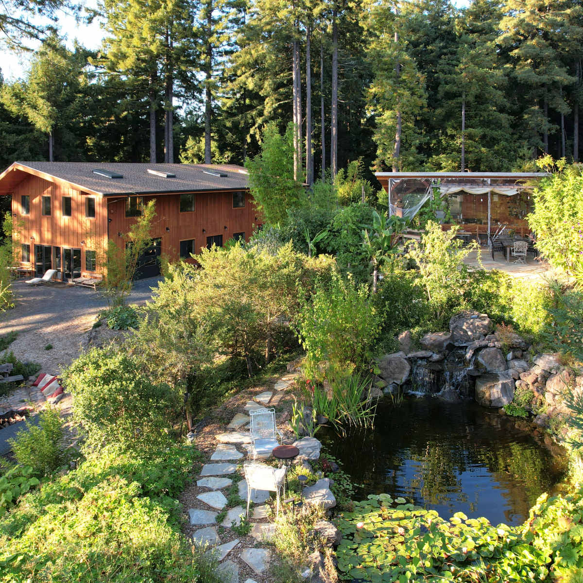 A wooden building next to a pond surrounded by lush greenery and tall trees.