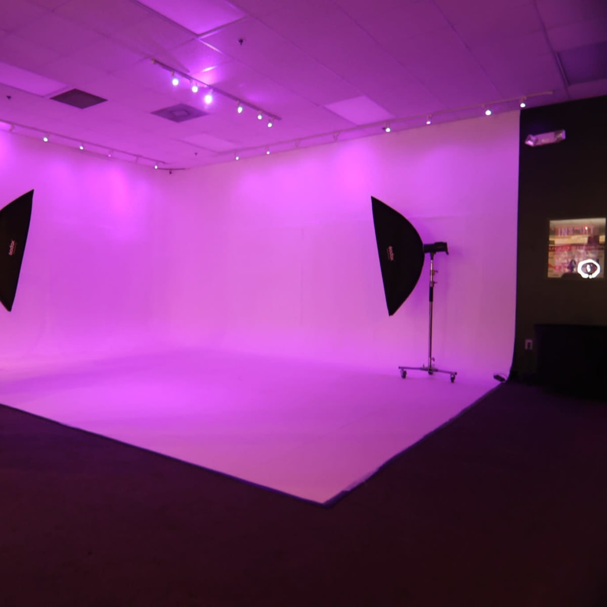 A photography studio features a large white backdrop illuminated by purple lights and equipped with two softbox light stands.