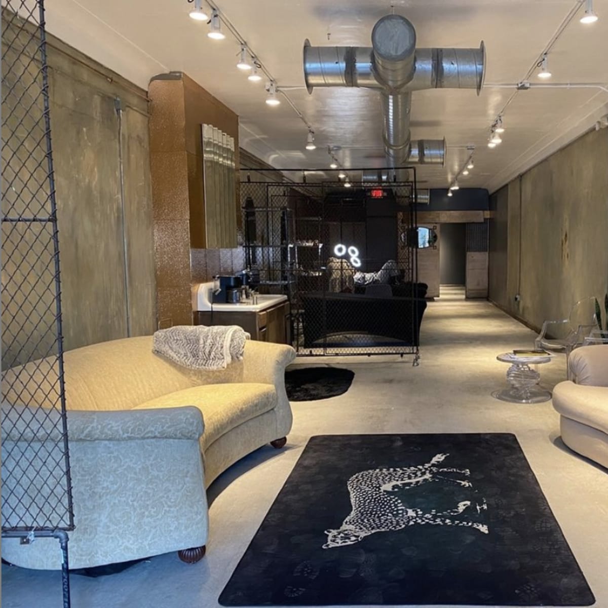 An industrial-style interior space featuring two couches, a large area rug with a leopard design, and a partition made of metal fencing.