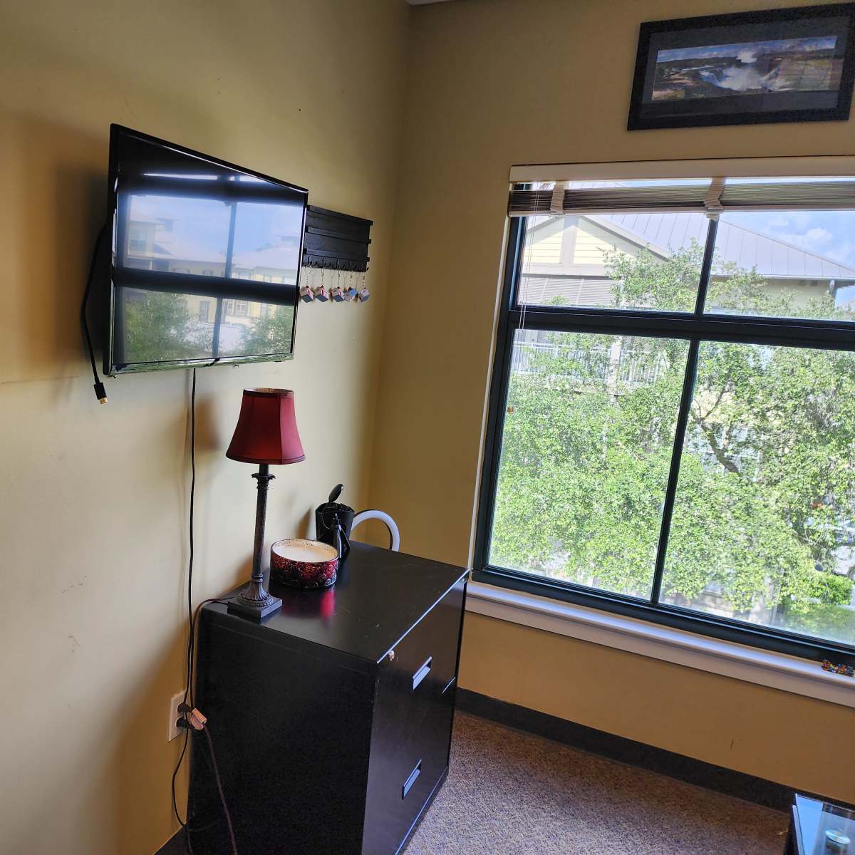 A small room with a wall-mounted TV, a lamp on a cabinet, a bookshelf with a coffee mug, and a window overlooking greenery.