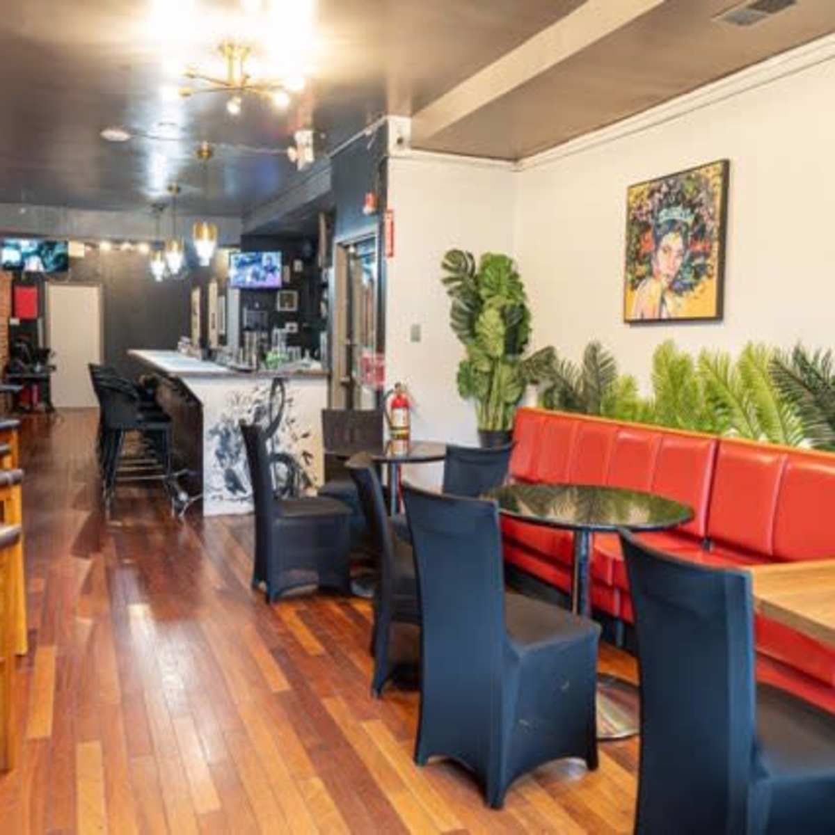 A cozy bar area with wooden flooring, a red cushioned seating space, black chairs, a bar counter, and decorative plants along the walls.