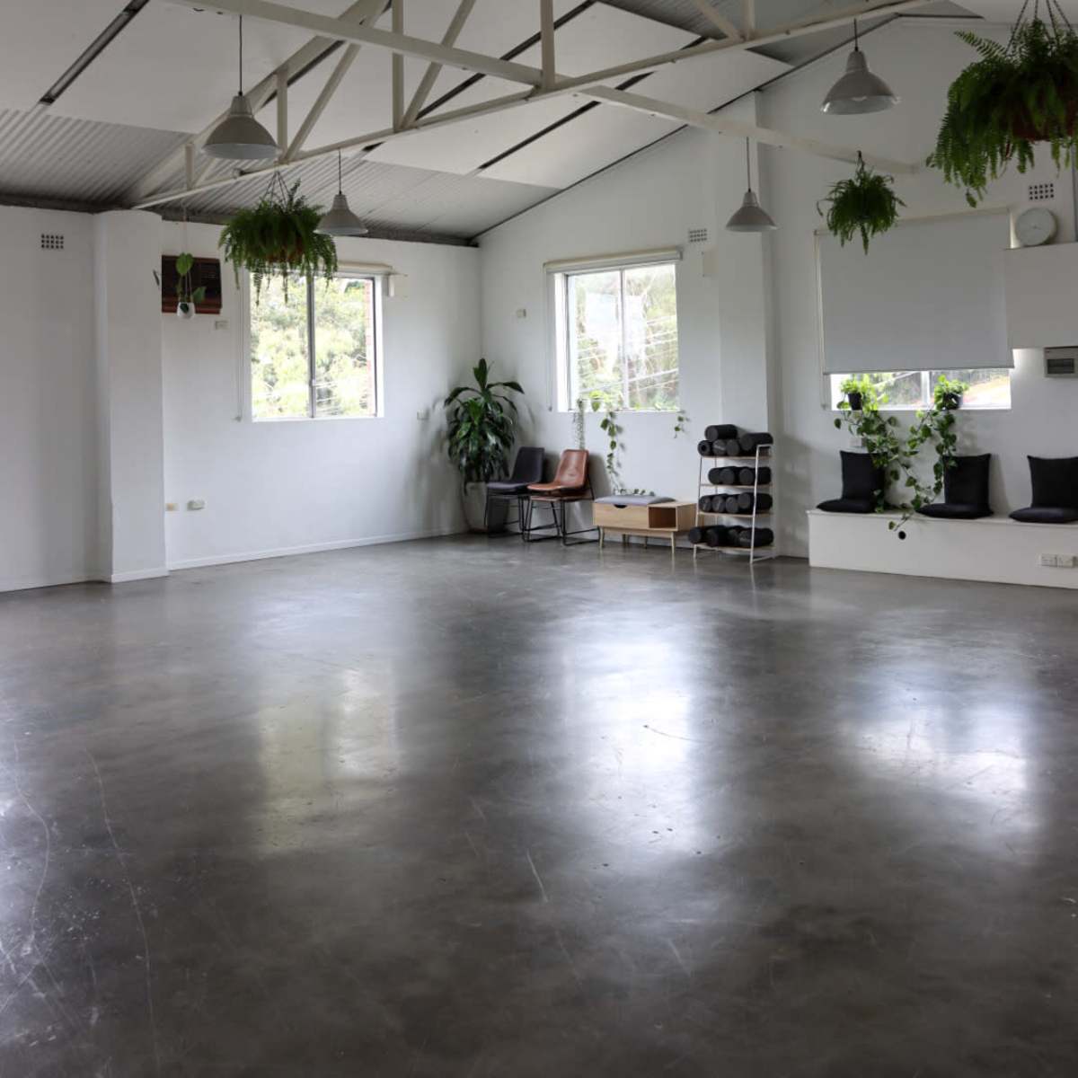 A spacious, empty room with high ceilings, large windows, and greenery hanging from the rafters.