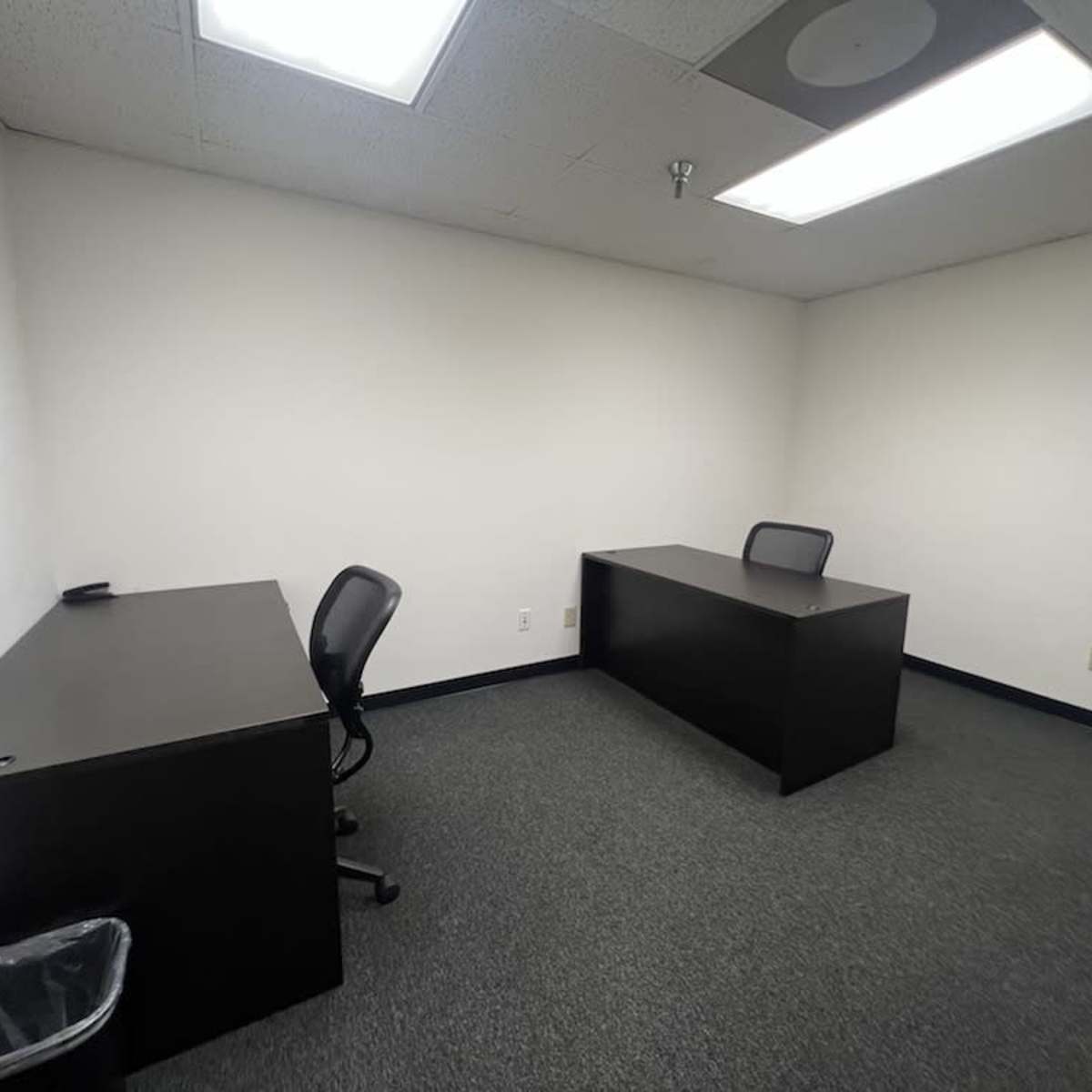 A bare office space featuring two dark-colored desks with chairs and a trash can in the corner.
