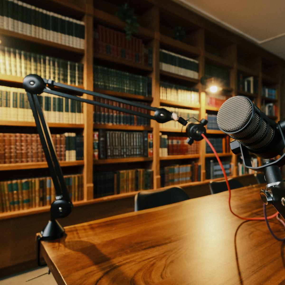 A microphone is positioned on a wooden desk in a room lined with bookshelves filled with books.